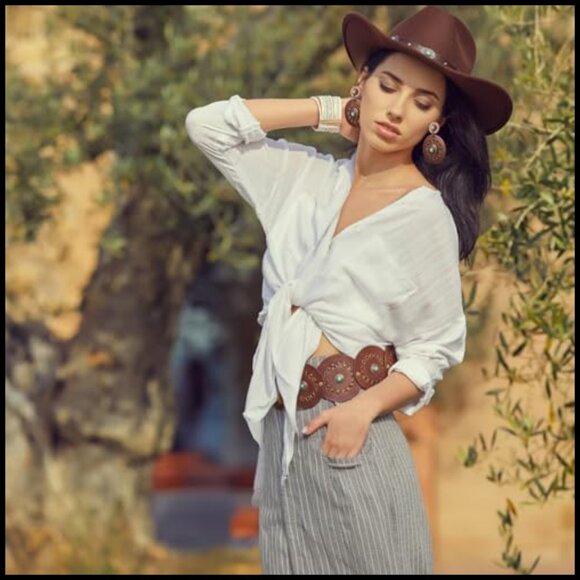Western PU Leather Belt Earrings Set Bohemian Cowgirl Retro Festival Outfit main image 5